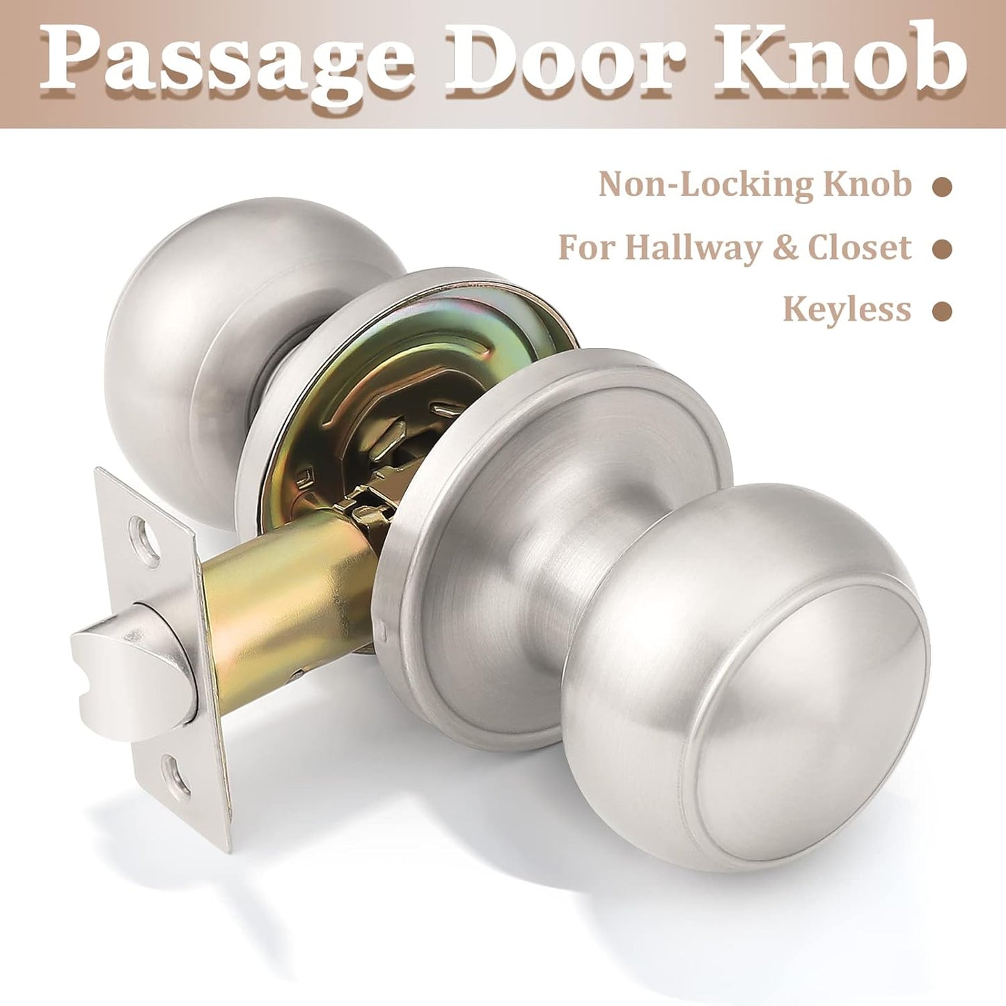 3 Pack round Passage Door Knob(Non-Locking Knobs), Keyless Doorknobs Interior/Exterior Door Lockset,Passage Knobs for Hallway/Closet,Satin Nickel Finish Modern Design Door Hardware