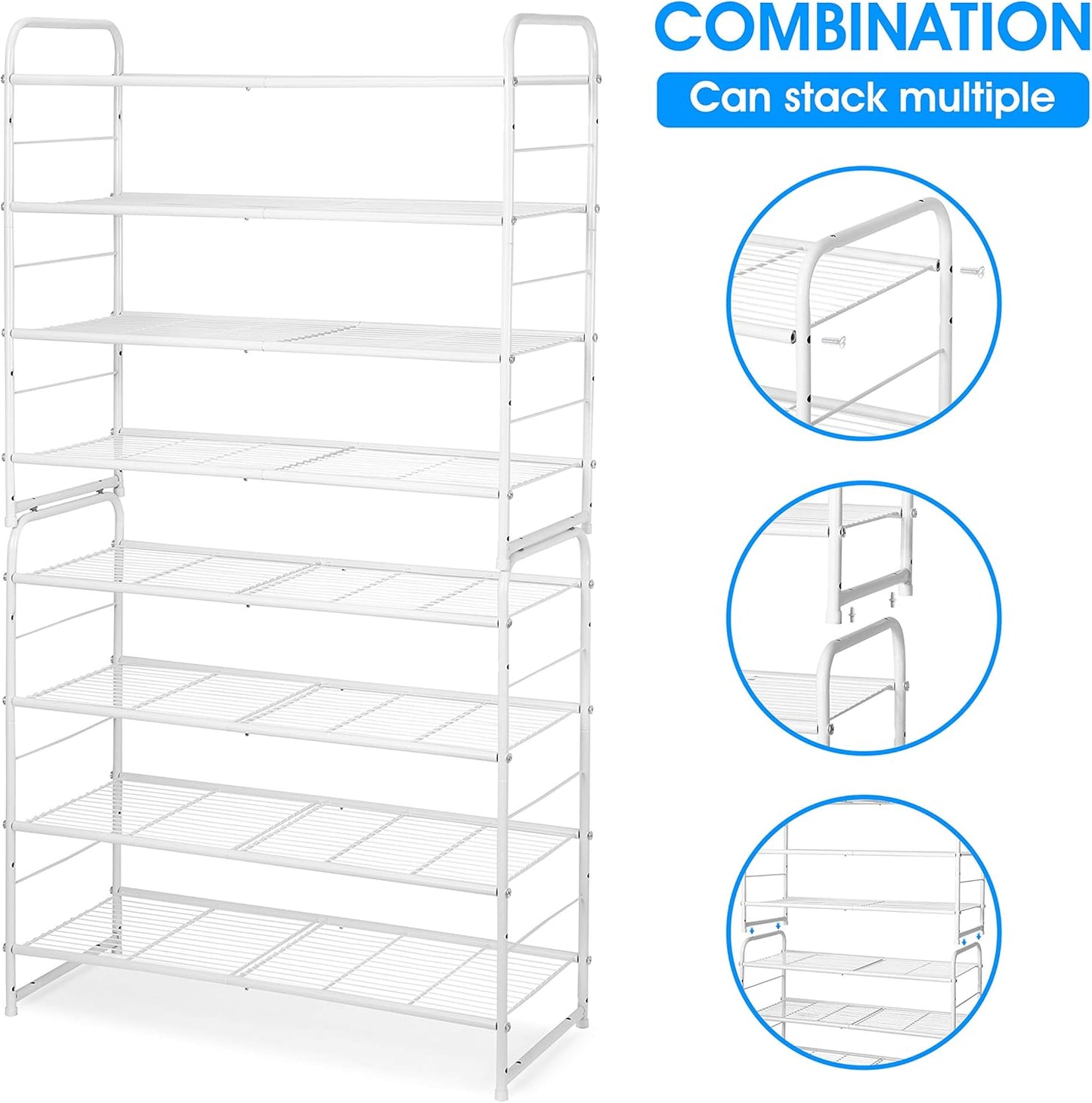 4-Tier Stackable Shoe Rack, Expandable & Adjustable Shoe Organizer Storage Shelf, Wire Grid, White