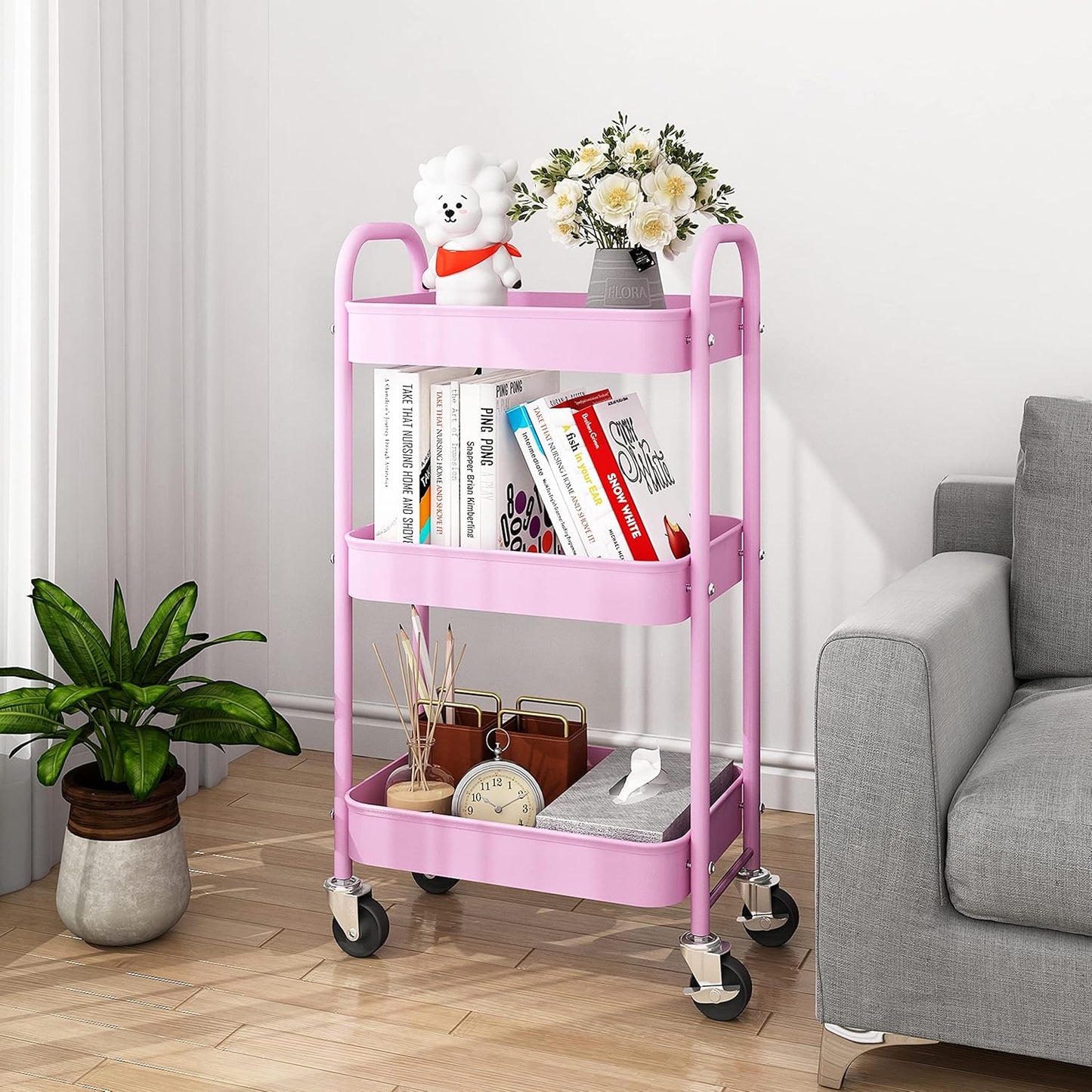 3 Tier Metal Rolling Storage Cart, Utility Organizer Cart Storage Shelves on 2 Lockable Wheels for Kitchen Bathroom, Pink