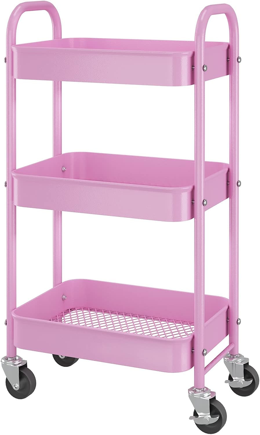 3 Tier Metal Rolling Storage Cart, Utility Organizer Cart Storage Shelves on 2 Lockable Wheels for Kitchen Bathroom, Pink