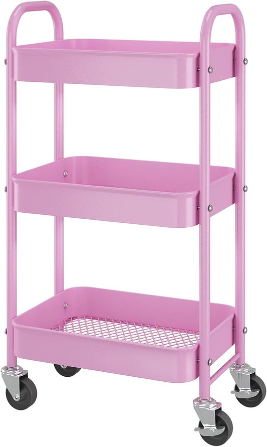 3 Tier Metal Rolling Storage Cart, Utility Organizer Cart Storage Shelves on 2 Lockable Wheels for Kitchen Bathroom, Pink