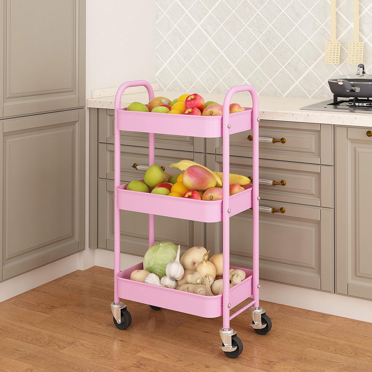 3 Tier Metal Rolling Storage Cart, Utility Organizer Cart Storage Shelves on 2 Lockable Wheels for Kitchen Bathroom, Pink