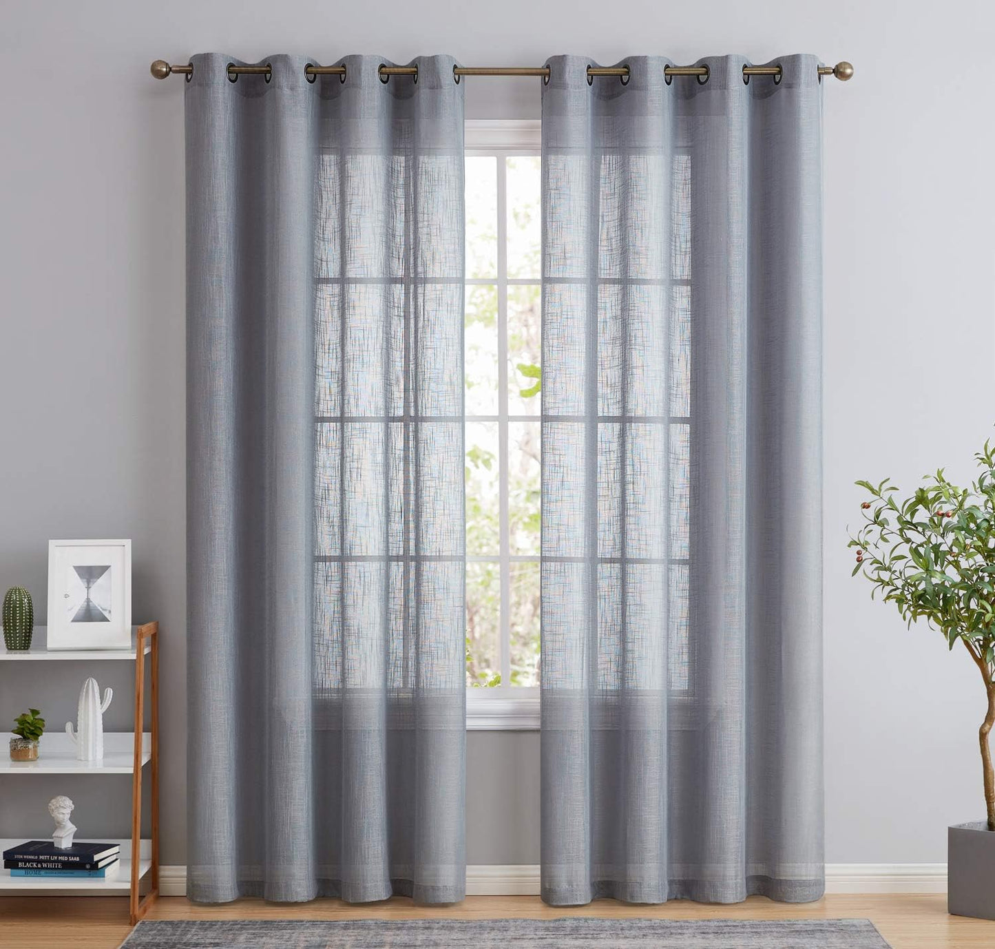 Abbey Faux Linen Textured Semi Sheer Privacy Sun Light Filtering Transparent Window Grommet Long Thick Curtains Drapery Panels for Bedroom & Living Room, 2 Panels (54 W X 54 L, Grey)