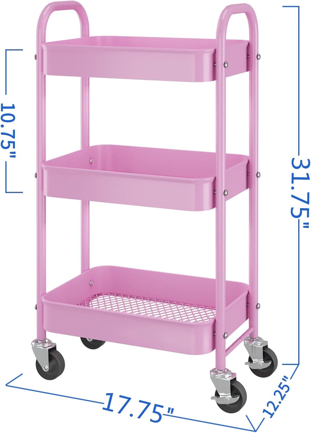 3 Tier Metal Rolling Storage Cart, Utility Organizer Cart Storage Shelves on 2 Lockable Wheels for Kitchen Bathroom, Pink