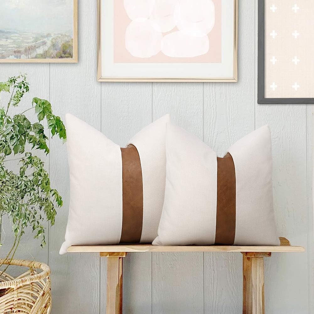 Set of 2 White Linen Patchwork Faux Leather Throw Pillow Covers for Couch Living Room Bedroom, Modern Accent Decor Square Covers 18X18 Inch, Brown and White
