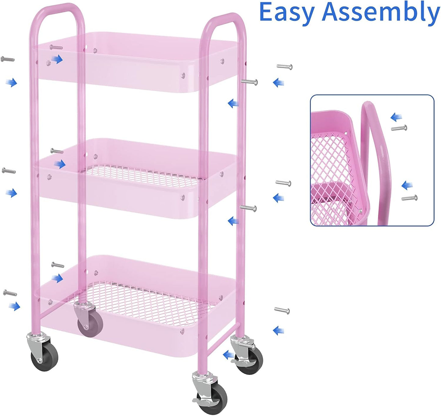3 Tier Metal Rolling Storage Cart, Utility Organizer Cart Storage Shelves on 2 Lockable Wheels for Kitchen Bathroom, Pink