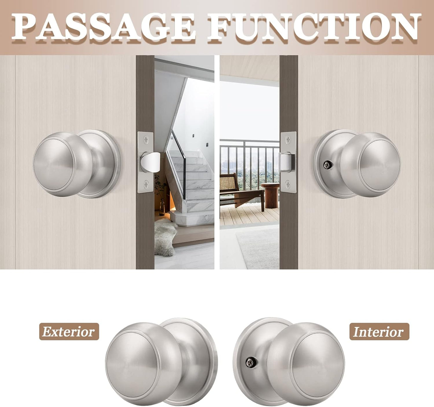 3 Pack round Passage Door Knob(Non-Locking Knobs), Keyless Doorknobs Interior/Exterior Door Lockset,Passage Knobs for Hallway/Closet,Satin Nickel Finish Modern Design Door Hardware
