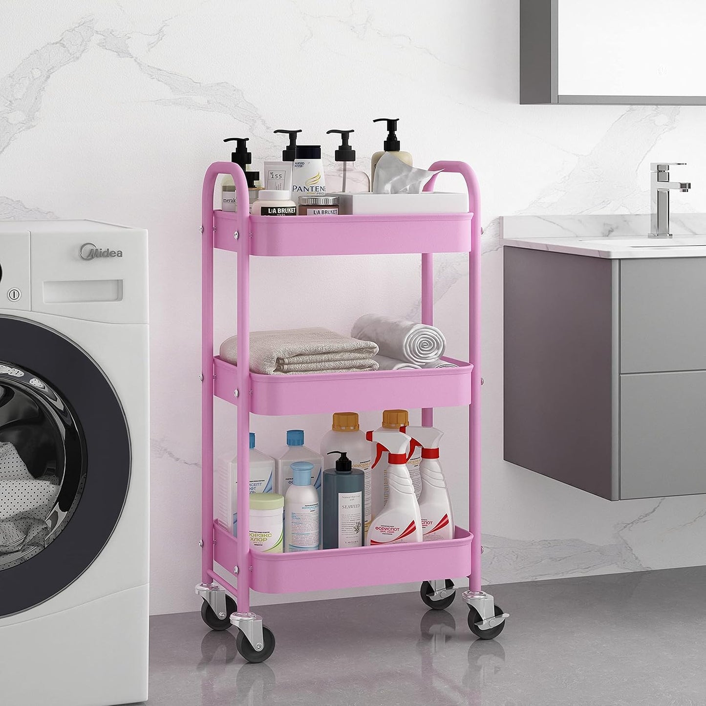 3 Tier Metal Rolling Storage Cart, Utility Organizer Cart Storage Shelves on 2 Lockable Wheels for Kitchen Bathroom, Pink