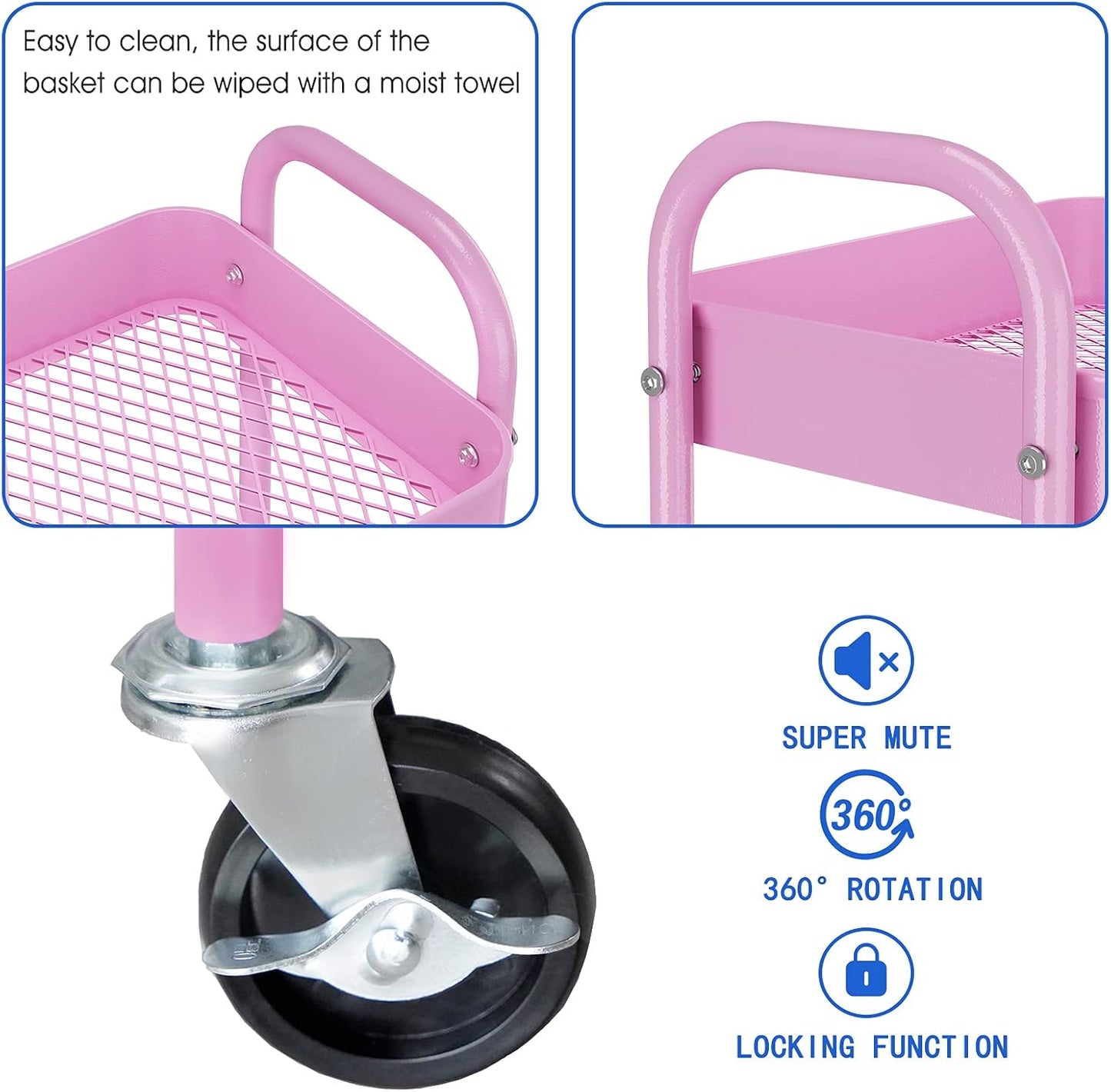 3 Tier Metal Rolling Storage Cart, Utility Organizer Cart Storage Shelves on 2 Lockable Wheels for Kitchen Bathroom, Pink