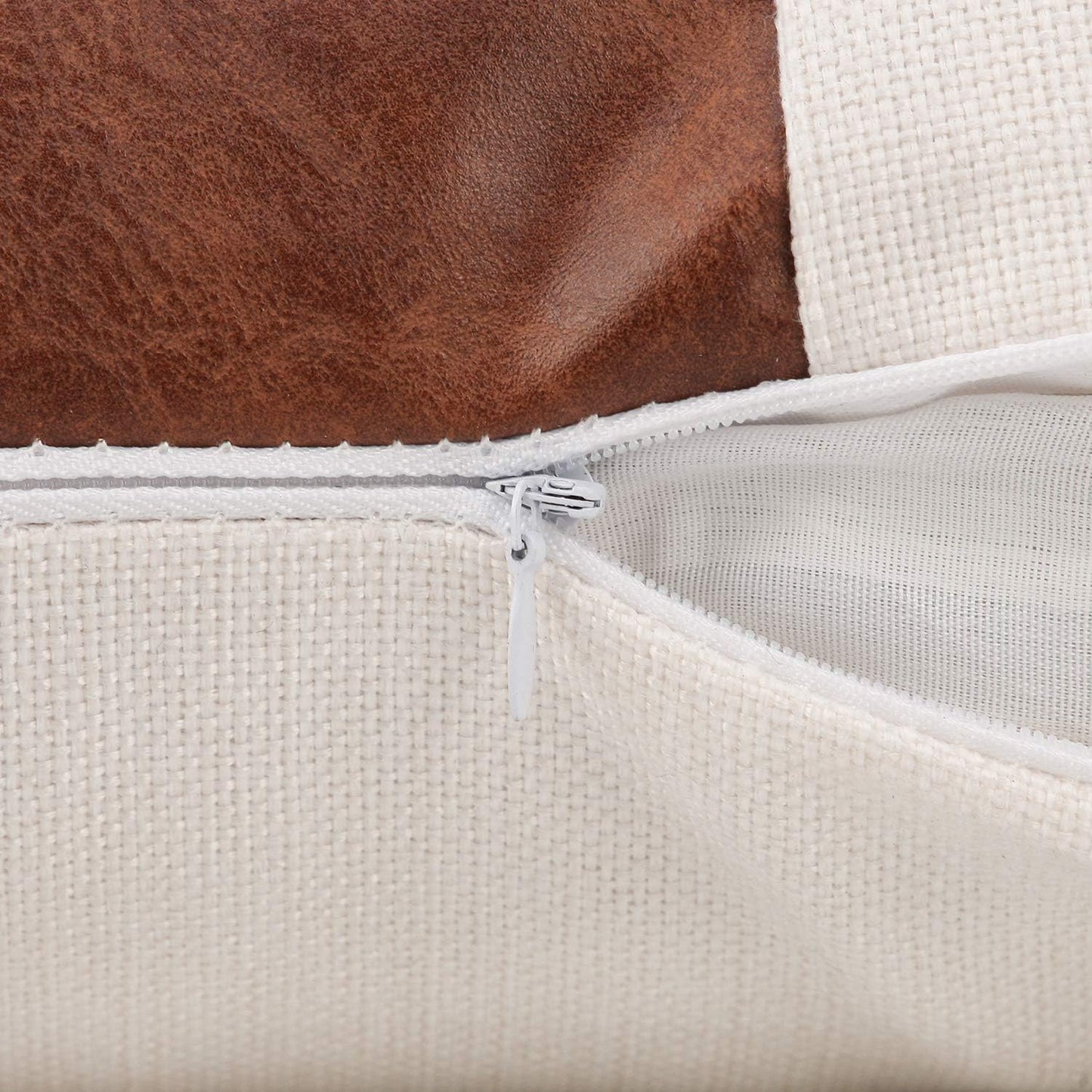 Set of 2 White Linen Patchwork Faux Leather Throw Pillow Covers for Couch Living Room Bedroom, Modern Accent Decor Square Covers 18X18 Inch, Brown and White