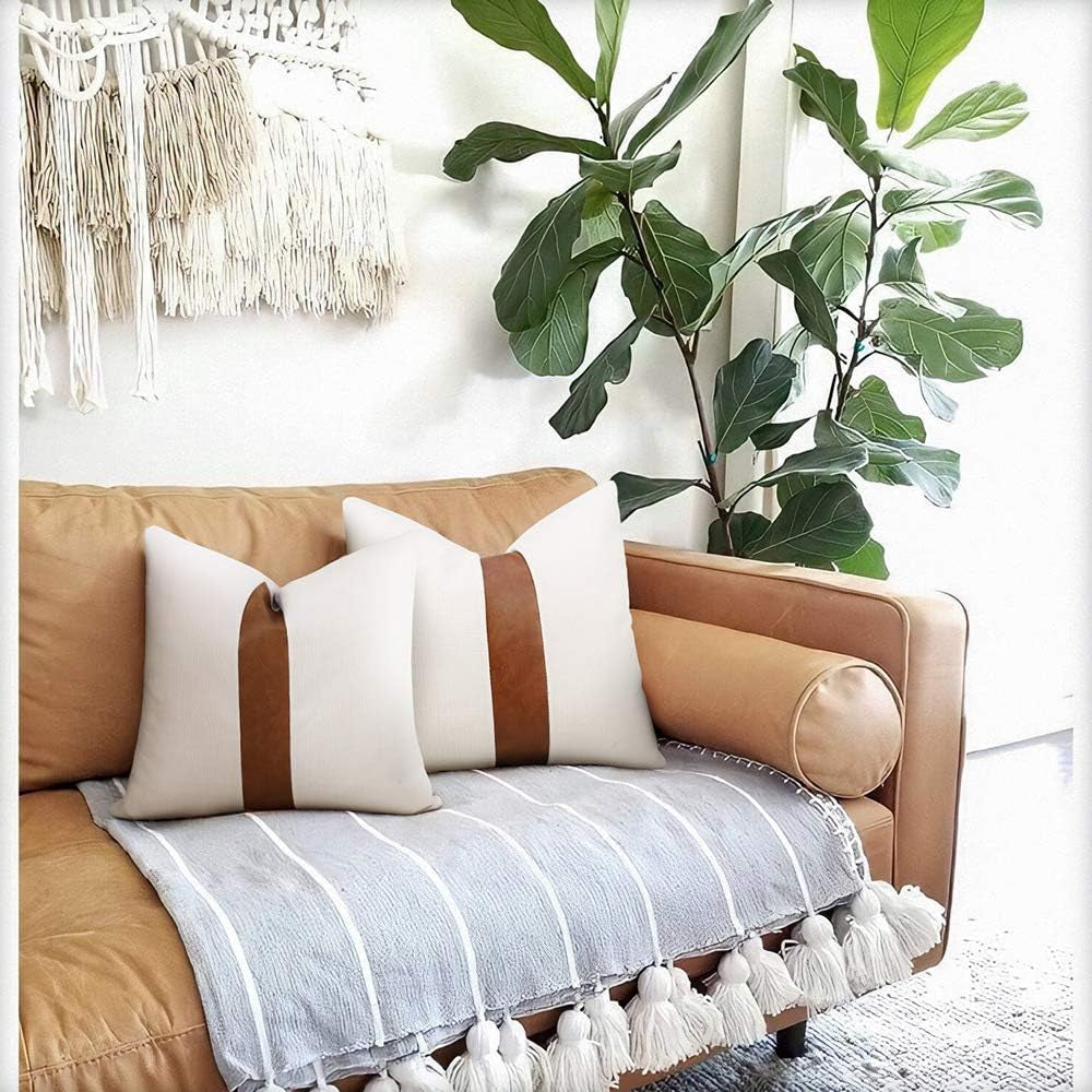 Set of 2 White Linen Patchwork Faux Leather Throw Pillow Covers for Couch Living Room Bedroom, Modern Accent Decor Square Covers 18X18 Inch, Brown and White
