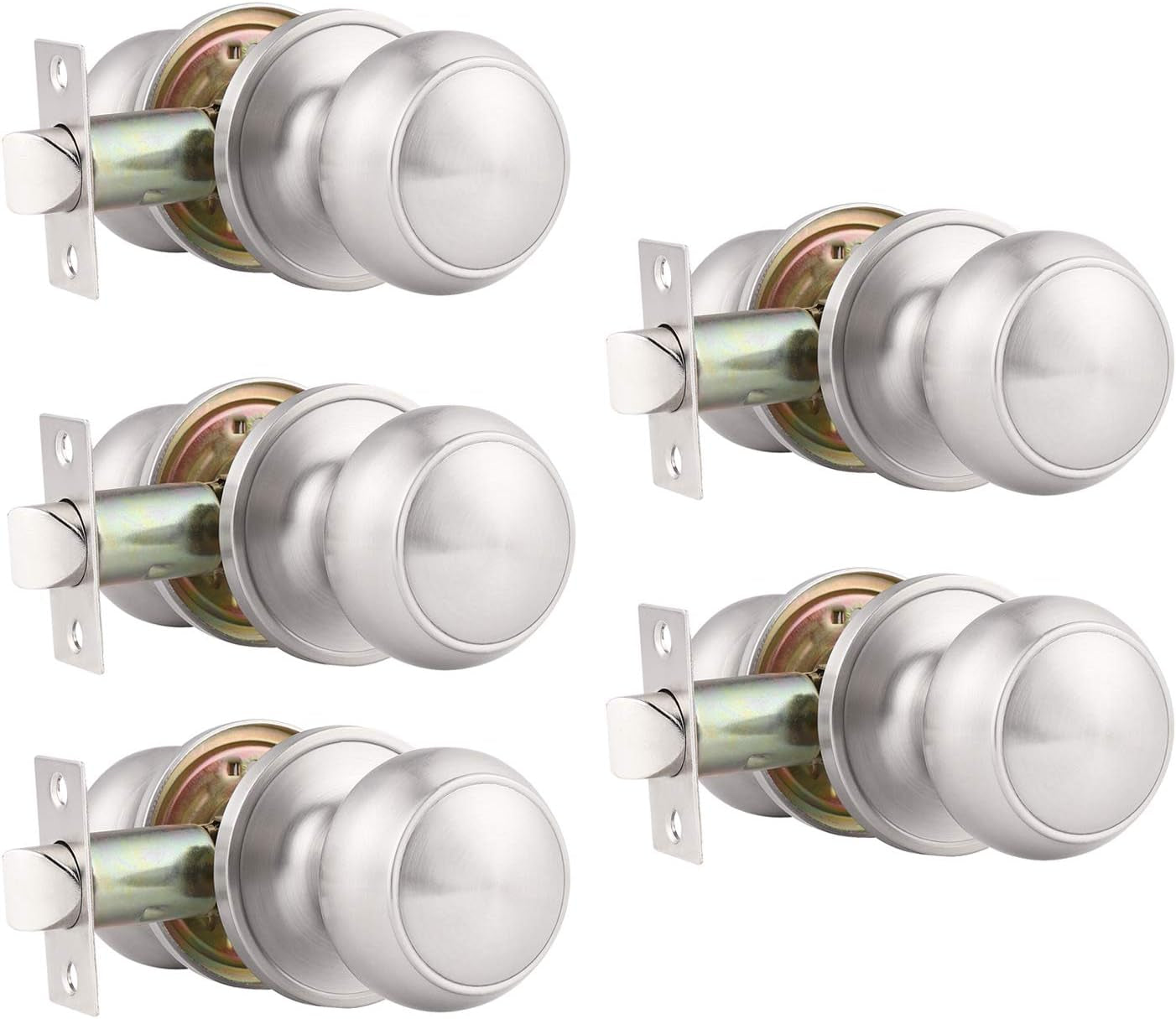 5 Pack round Passage Door Knob(Non-Locking Knobs), Keyless Doorknobs Interior/Exterior Door Lockset,Passage Knobs for Hallway/Closet,Satin Nickel Finish Modern Design Door Hardware