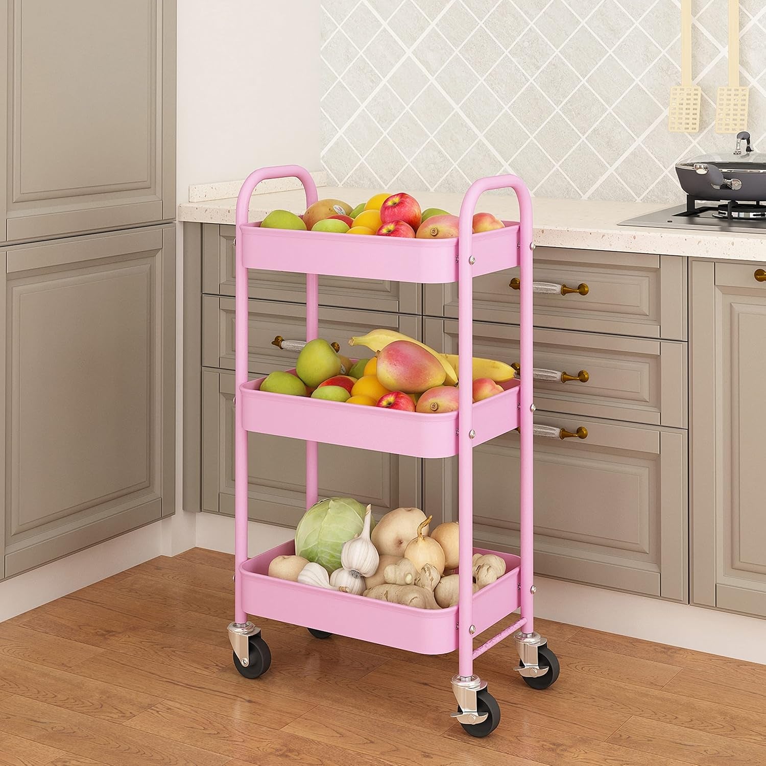 3 Tier Metal Rolling Storage Cart, Utility Organizer Cart Storage Shelves on 2 Lockable Wheels for Kitchen Bathroom, Pink