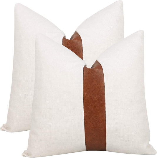 Set of 2 White Linen Patchwork Faux Leather Throw Pillow Covers for Couch Living Room Bedroom, Modern Accent Decor Square Covers 18X18 Inch, Brown and White