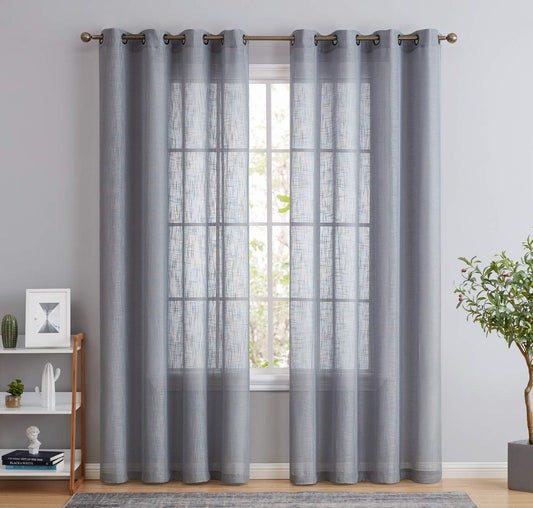 Abbey Faux Linen Textured Semi Sheer Privacy Sun Light Filtering Transparent Window Grommet Long Thick Curtains Drapery Panels for Bedroom & Living Room, 2 Panels (54 W X 54 L, Grey)