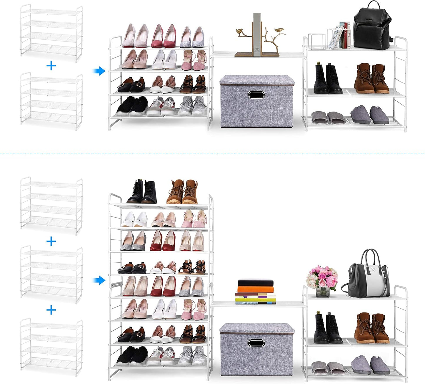 4-Tier Stackable Shoe Rack, Expandable & Adjustable Shoe Organizer Storage Shelf, Wire Grid, White