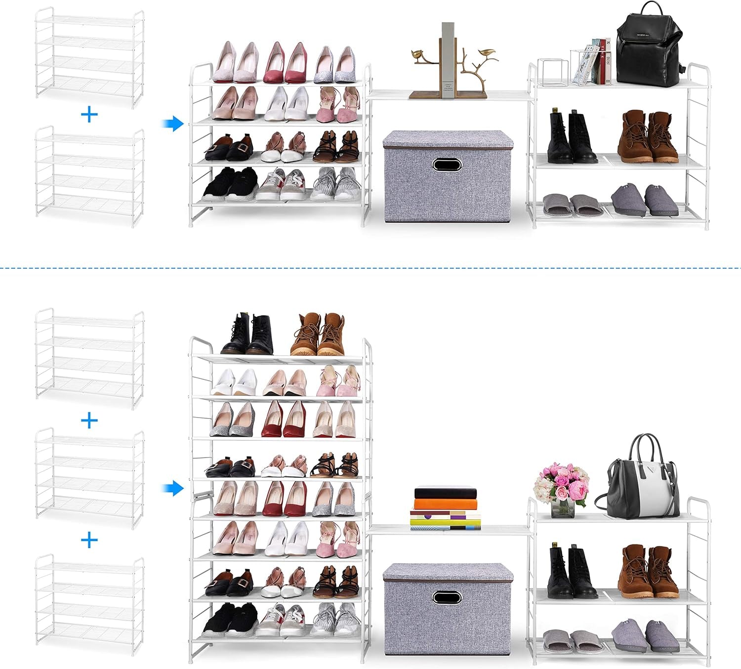 4-Tier Stackable Shoe Rack, Expandable & Adjustable Shoe Organizer Storage Shelf, Wire Grid, White
