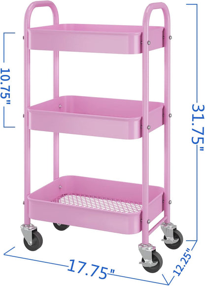 3 Tier Metal Rolling Storage Cart, Utility Organizer Cart Storage Shelves on 2 Lockable Wheels for Kitchen Bathroom, Pink