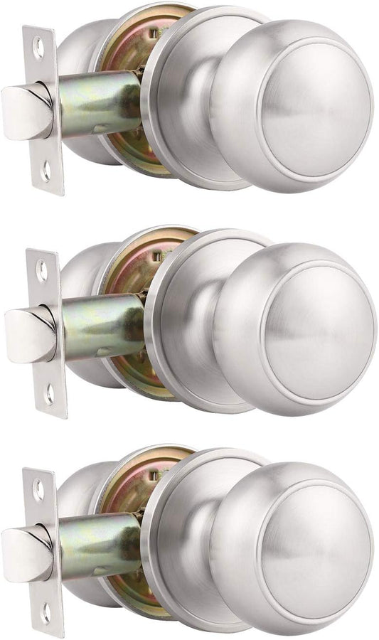 3 Pack round Passage Door Knob(Non-Locking Knobs), Keyless Doorknobs Interior/Exterior Door Lockset,Passage Knobs for Hallway/Closet,Satin Nickel Finish Modern Design Door Hardware