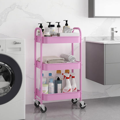 3 Tier Metal Rolling Storage Cart, Utility Organizer Cart Storage Shelves on 2 Lockable Wheels for Kitchen Bathroom, Pink