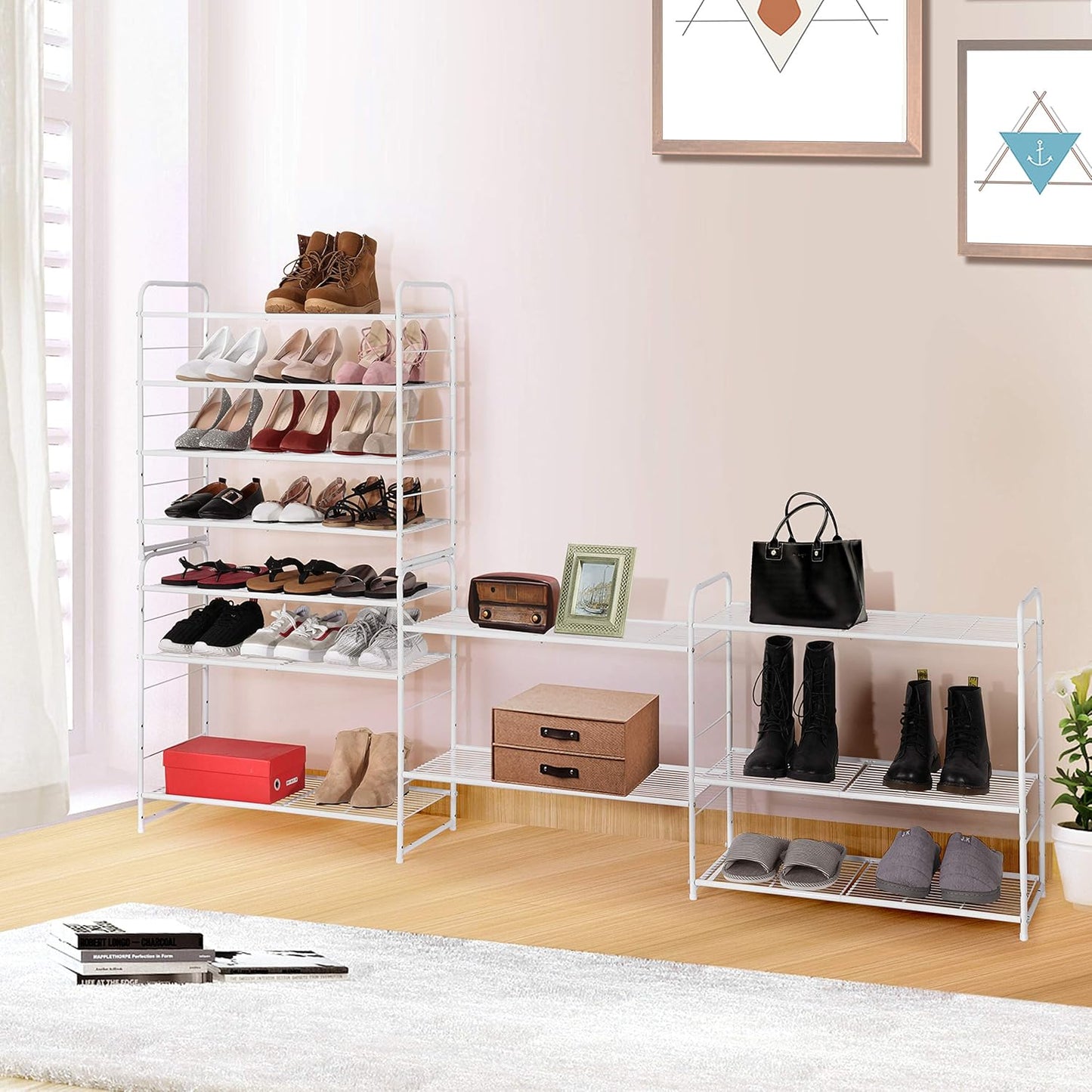 4-Tier Stackable Shoe Rack, Expandable & Adjustable Shoe Organizer Storage Shelf, Wire Grid, White