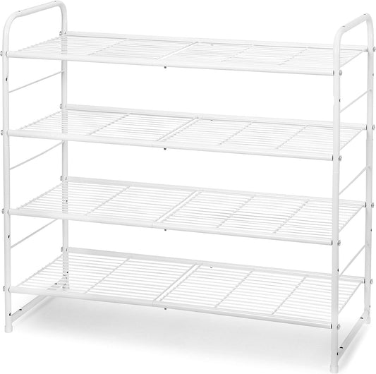 4-Tier Stackable Shoe Rack, Expandable & Adjustable Shoe Organizer Storage Shelf, Wire Grid, White