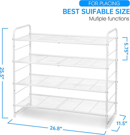 4-Tier Stackable Shoe Rack, Expandable & Adjustable Shoe Organizer Storage Shelf, Wire Grid, White