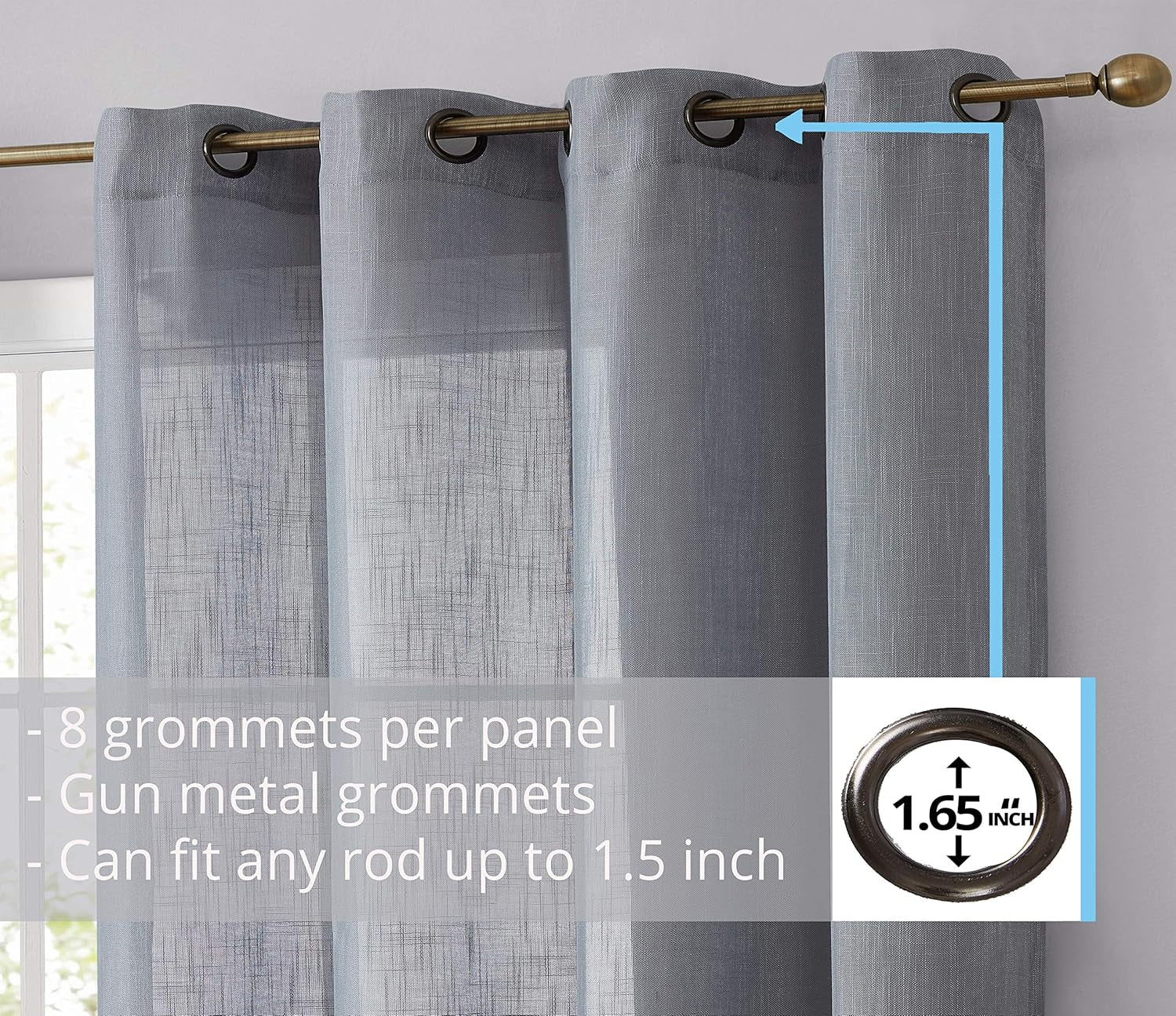 Abbey Faux Linen Textured Semi Sheer Privacy Sun Light Filtering Transparent Window Grommet Long Thick Curtains Drapery Panels for Bedroom & Living Room, 2 Panels (54 W X 54 L, Grey)