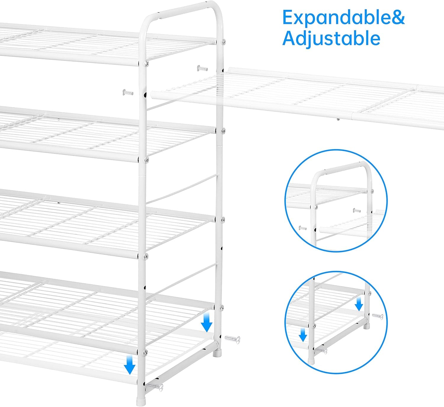 4-Tier Stackable Shoe Rack, Expandable & Adjustable Shoe Organizer Storage Shelf, Wire Grid, White