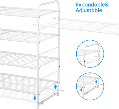 4-Tier Stackable Shoe Rack, Expandable & Adjustable Shoe Organizer Storage Shelf, Wire Grid, White