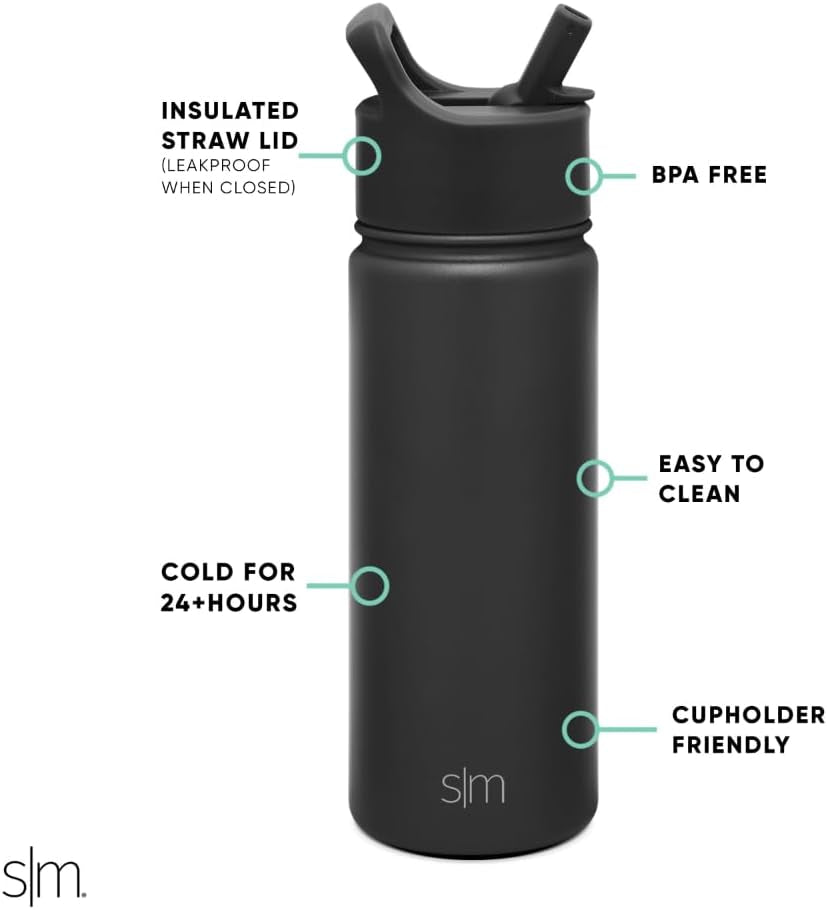 Kids Water Bottle with Straw Lid Vacuum Insulated Stainless Steel Metal Thermos Bottles | Reusable Leak Proof Bpa-Free Flask for School | Summit Collection | 18Oz, Midnight Black
