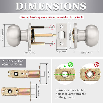 3 Pack round Passage Door Knob(Non-Locking Knobs), Keyless Doorknobs Interior/Exterior Door Lockset,Passage Knobs for Hallway/Closet,Satin Nickel Finish Modern Design Door Hardware