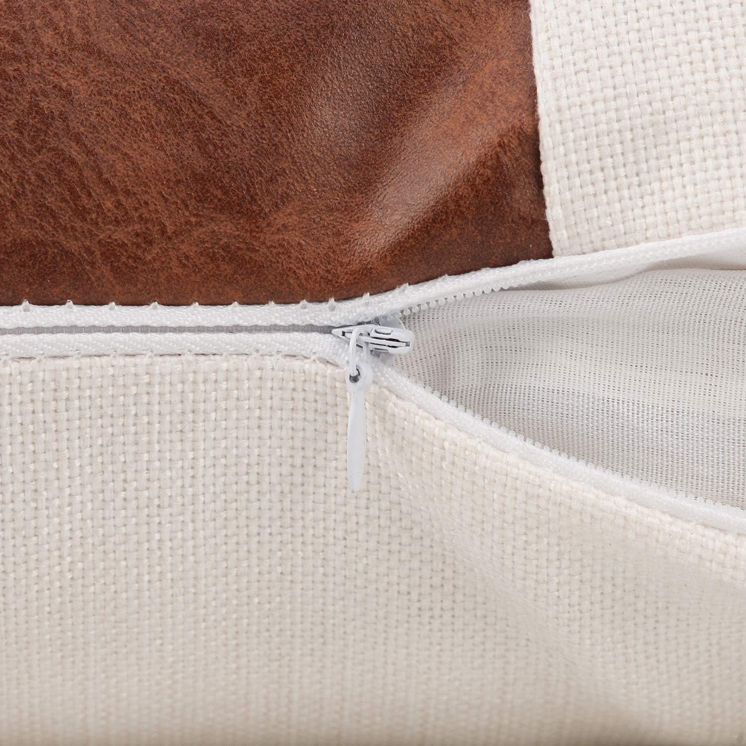 Set of 2 White Linen Patchwork Faux Leather Throw Pillow Covers for Couch Living Room Bedroom, Modern Accent Decor Square Covers 18X18 Inch, Brown and White