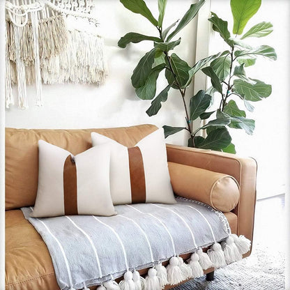 Set of 2 White Linen Patchwork Faux Leather Throw Pillow Covers for Couch Living Room Bedroom, Modern Accent Decor Square Covers 18X18 Inch, Brown and White