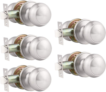 5 Pack round Passage Door Knob(Non-Locking Knobs), Keyless Doorknobs Interior/Exterior Door Lockset,Passage Knobs for Hallway/Closet,Satin Nickel Finish Modern Design Door Hardware