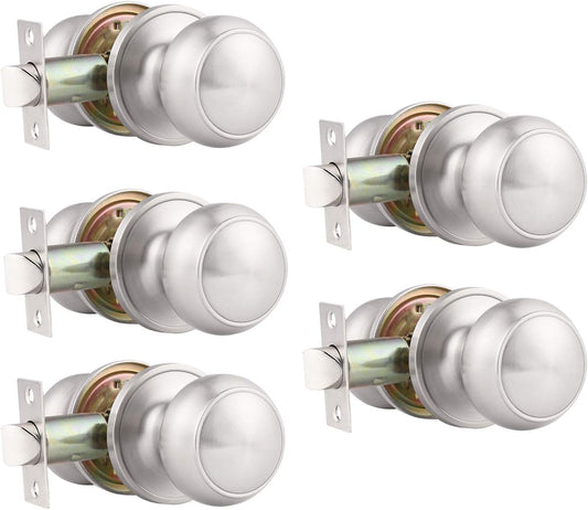 5 Pack round Passage Door Knob(Non-Locking Knobs), Keyless Doorknobs Interior/Exterior Door Lockset,Passage Knobs for Hallway/Closet,Satin Nickel Finish Modern Design Door Hardware