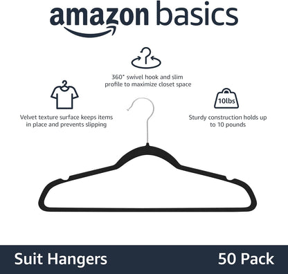 Slim, Velvet, Non-Slip Suit Clothes Hangers, Pack of 50, Black